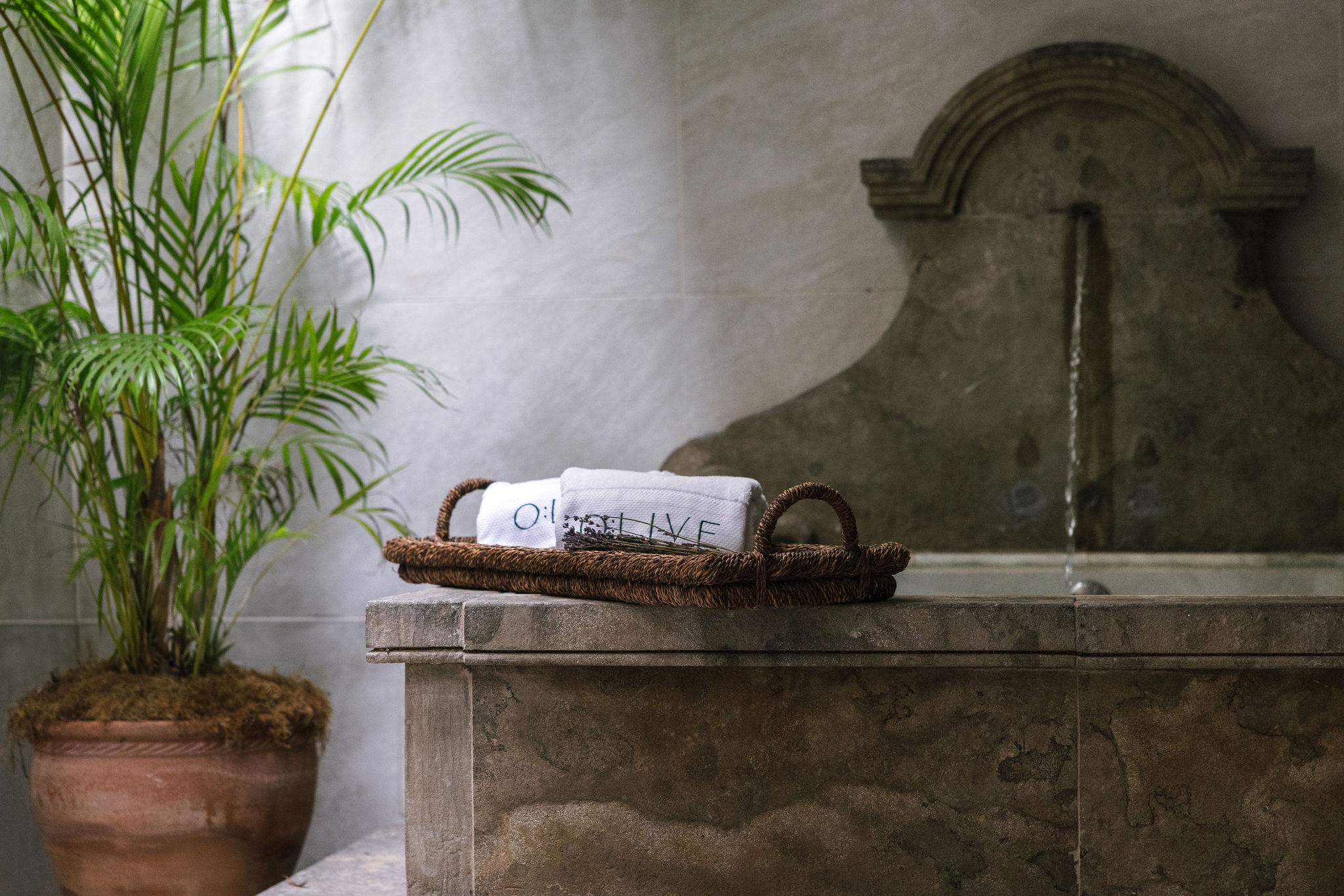 Stone bathtub/shower on a private terrace in a luxury suite at O:live Boutique Hotel, Condado, San Juan, Puerto Rico.